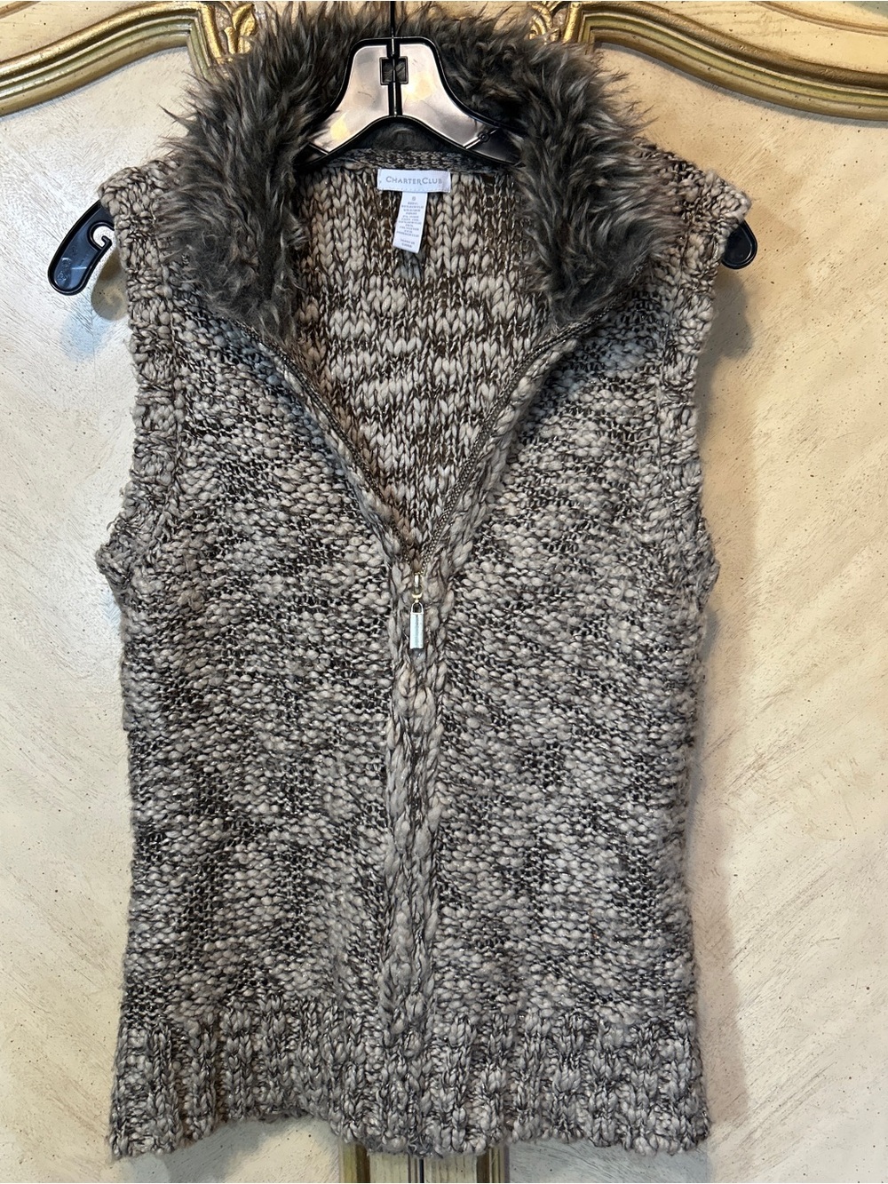 Charter Club Tan Brown Gold Metallic Gray Faux Fur Trim Knit Zip Front Vest